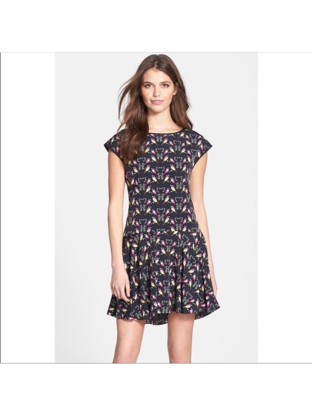 CeCe Black Floral Cap-Sleeve Fit-and-Flare Dress
